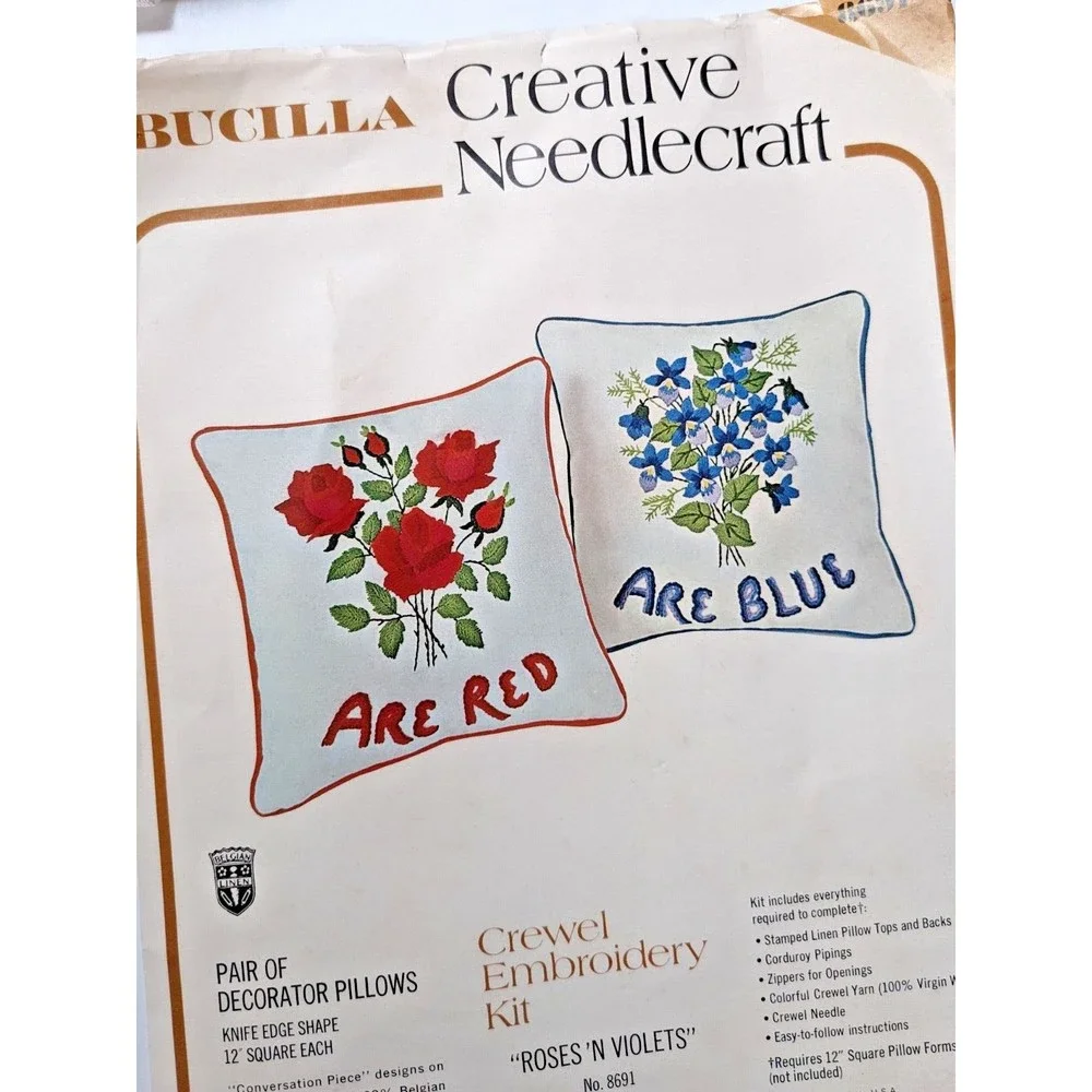 ROSES 'N‎ VIOLETS Vintage Bucilla Crewel Embroidery Kit Pair of Pillows NEW